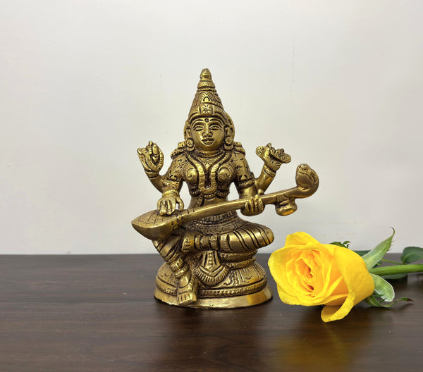 Yathashilpam 5.5" Brass Saraswati Idol