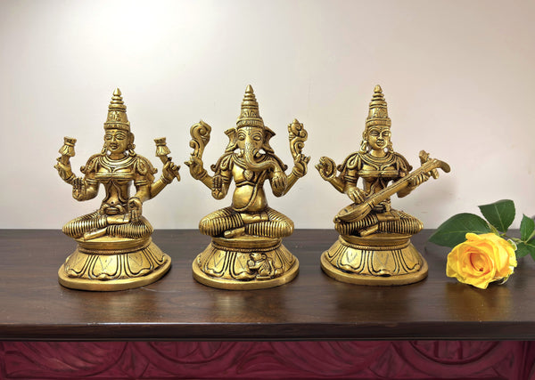 Yathashilpam 6 Inch Brass Lakshmi Ganesh Saraswati | Set of Three Idols | Superfine Lakshmi Ganesh Saraswati Brass Idols