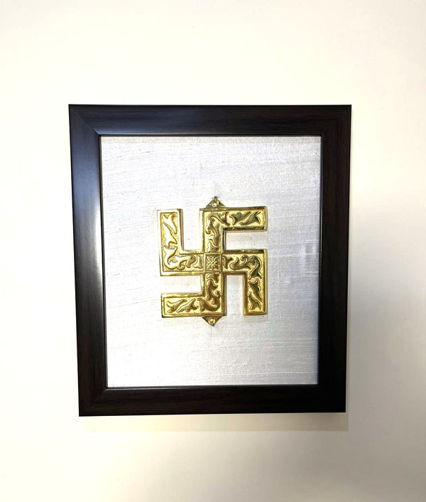 Swastik Symbol Pure Raw Silk Brass Wall Décor I Spiritual Symbol Wall Décor I Subh Chinha Wall Décor I Brass Swastik on Pure White Silk Backdrop