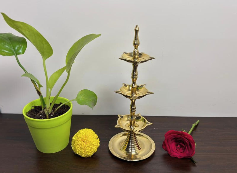3 Tier Brass Oil Lamp I Traditional Indian Puja Lamp
