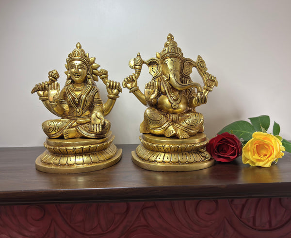 Yathashilpam 7 Inches Set of Lakshmi ji & Ganesh ji I Brass Lakshmi Ganesh Idol