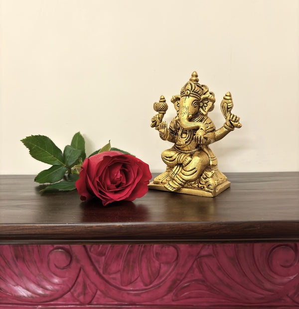 Yathashilpam 5"Brass Pooja Ganesh on a Carved Pedestal