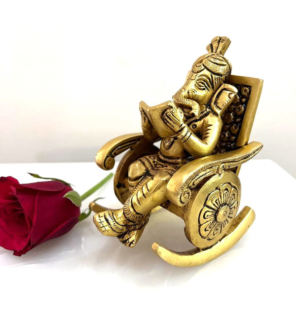 Yathashilpam 5" Studying Lord Ganesha on a Rocking Chair idol in Brass