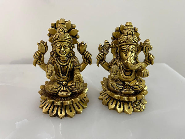 Yathashilpam 3.5"Set of Lakshmi ji & Ganesh ji on Lotus I Brass Lakshmi Ganesh