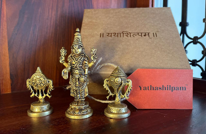 Experience the divine presence of Lord Tirupati Balaji by this small size yet magnificent set of statues in fine Brass