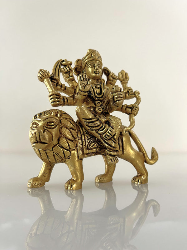 Yathashilpam 4.5"Brass Goddess Durga Statue on Lion