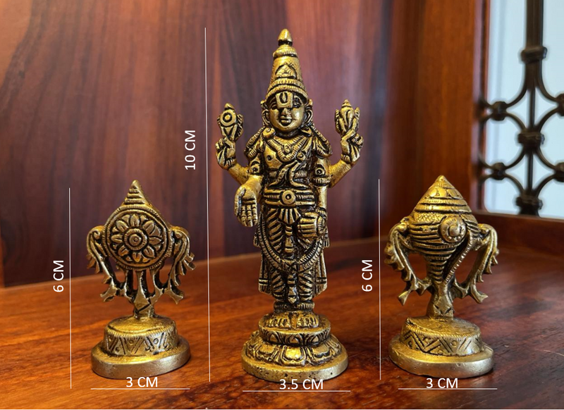 This small size finely carved set of 3 Pieces includes Lord Balaji idol, Shankh symbol &amp; Chakra Symbol in fine brass with Golden yellow antique finish