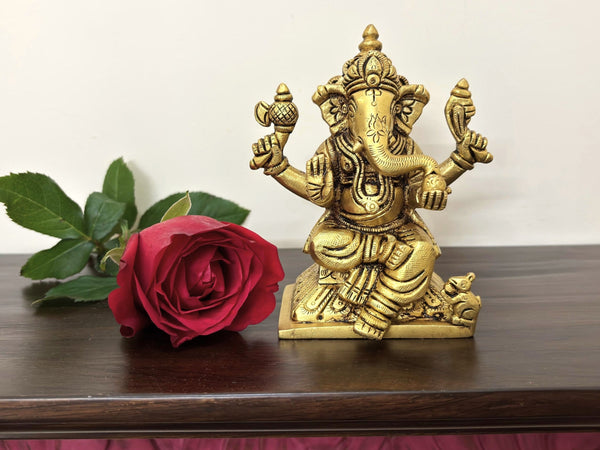 Yathashilpam 5"Brass Pooja Ganesh on a Carved Pedestal