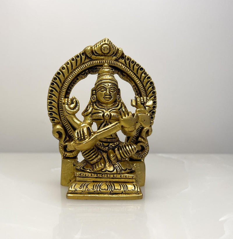 Seek blessings for creativity, intellect, inspiration, and spiritual enlightenment by worshipping this sacred image of Goddess Saraswati