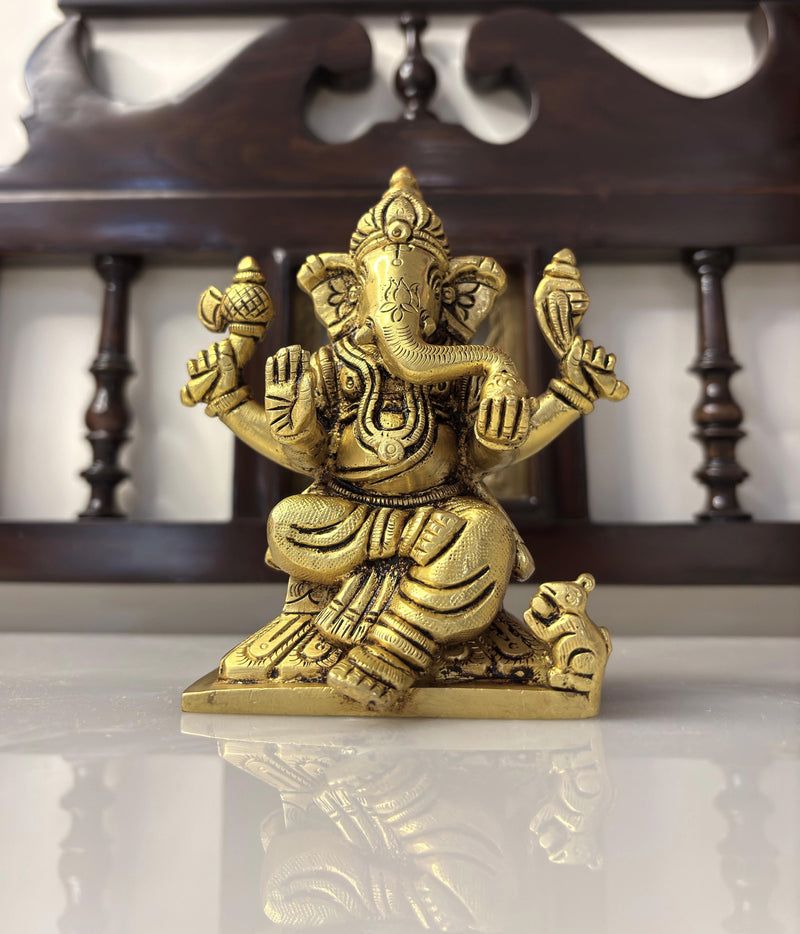 Bring the auspicious presence of Lord Ganesha with this 5" exquisitely carved Brass Ganesha idol