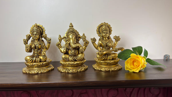 Yathashilpam 4.5 Inch Brass Lakshmi Ganesh Saraswati on Lotus Base l Set of Three Idols
