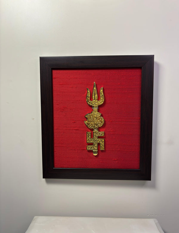 Om Swastik Trishul Pure Raw Silk Brass Wall Décor I Trishakti Spiritual Symbol Wall Décor I Shubh Chinha Wall Décor I Auspicious Symbols Wall Frames