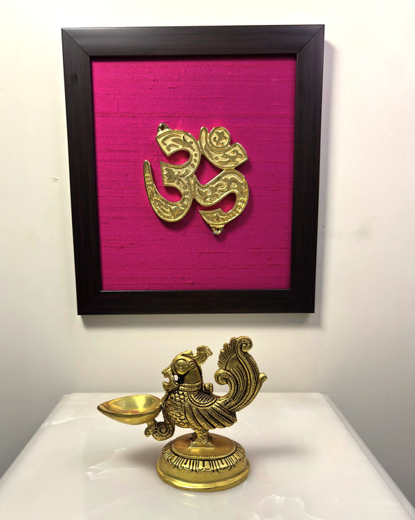 Aum Auspicious Symbol Pure Raw Silk Brass Wall Décor I Spiritual Symbol Om Wall Décor I  Subh Chinha Wall Frame