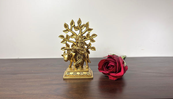 Yathashilpam Brass Lord Krishna idol with cow and tree I Krishna Vrindavan Scene Brass Sculpture