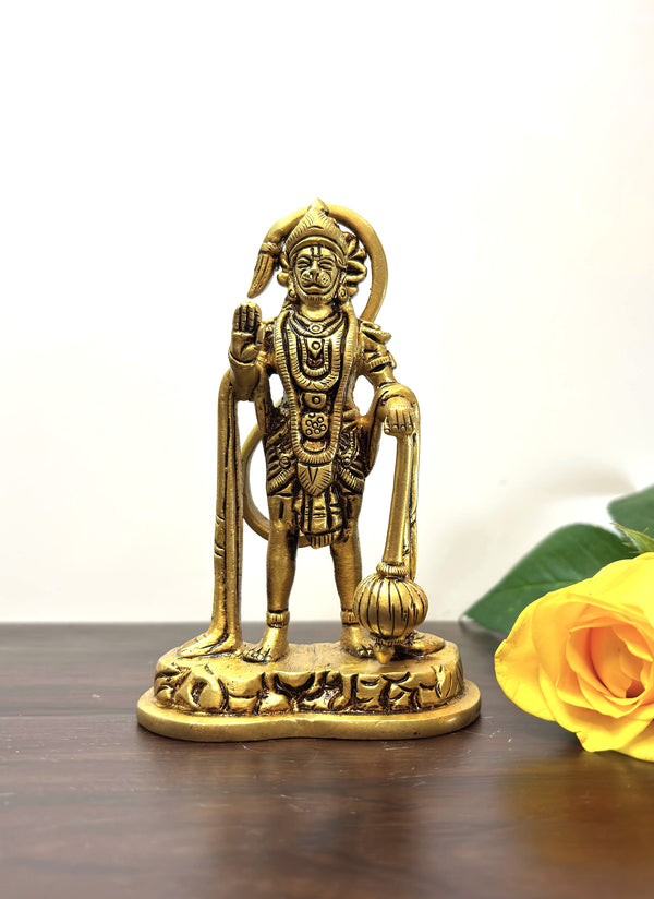 Yathashilpam Hanuman ji Brass Murti with Gada I Standing Lord Hanuman in Blessings Position