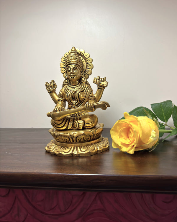 Yathashilpam 4.5" Brass Saraswati Idol on a Lotus Base
