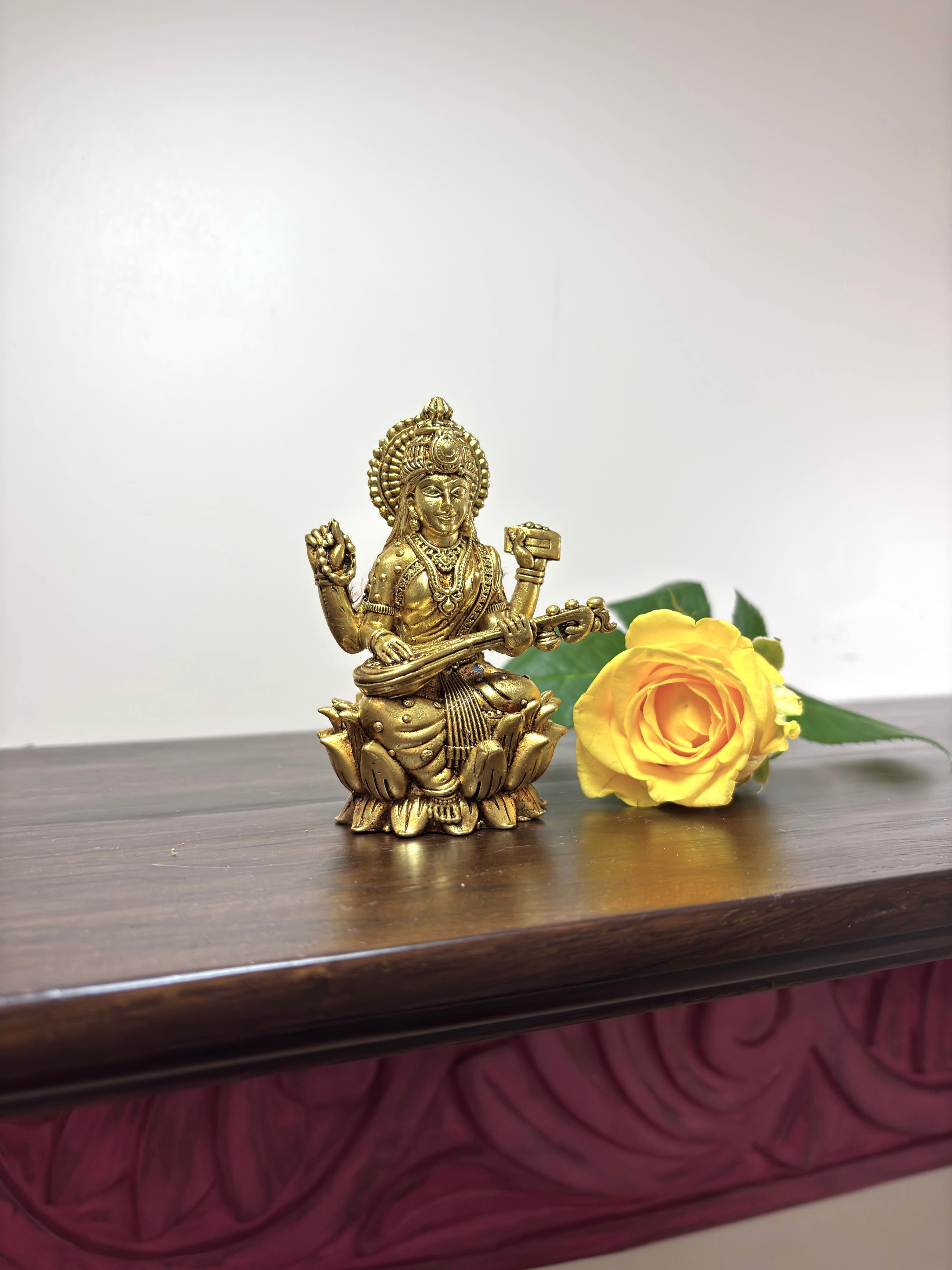 0902-13 lotus専用 Saraswati Brass Statue - Playing Veena, Lotus Flower Base