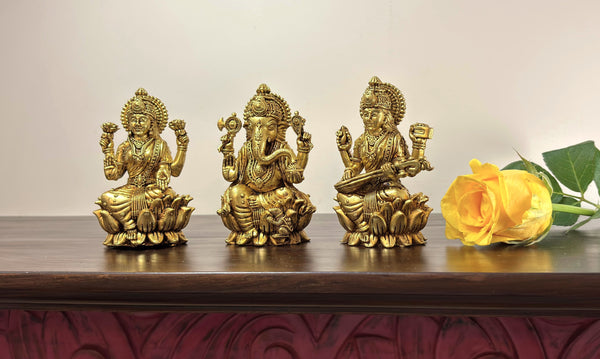 Yathashilpam 3.5" Brass Superfine Set of Goddess Lakshmi, Goddess Saraswati & Lord Ganesh I Brass Lakshmi Ganesh Saraswati